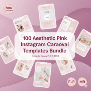 100 Aesthetic Pink Instagram Carousel Templates Bundle | Editable Canva PLR & MRR Social Media Packs
